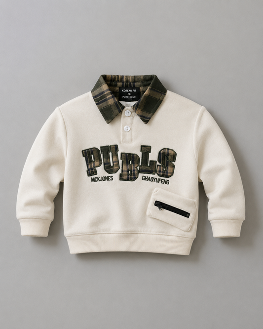 Check Collar Fleece Sweatshirt with Utility Pocket