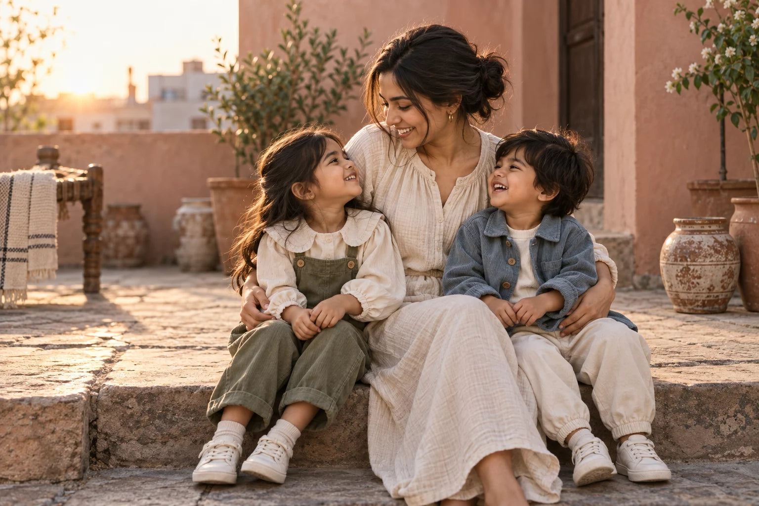 A mother enjoying a warm courtyard moment with her two children